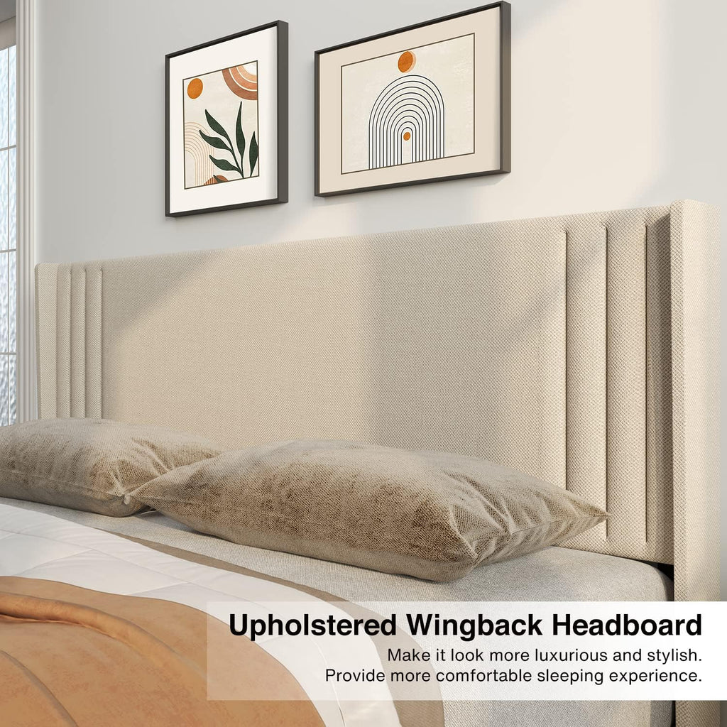 Gizoon Queen Bed Frame with Wingback Headboard, Upholstered Platform Bed