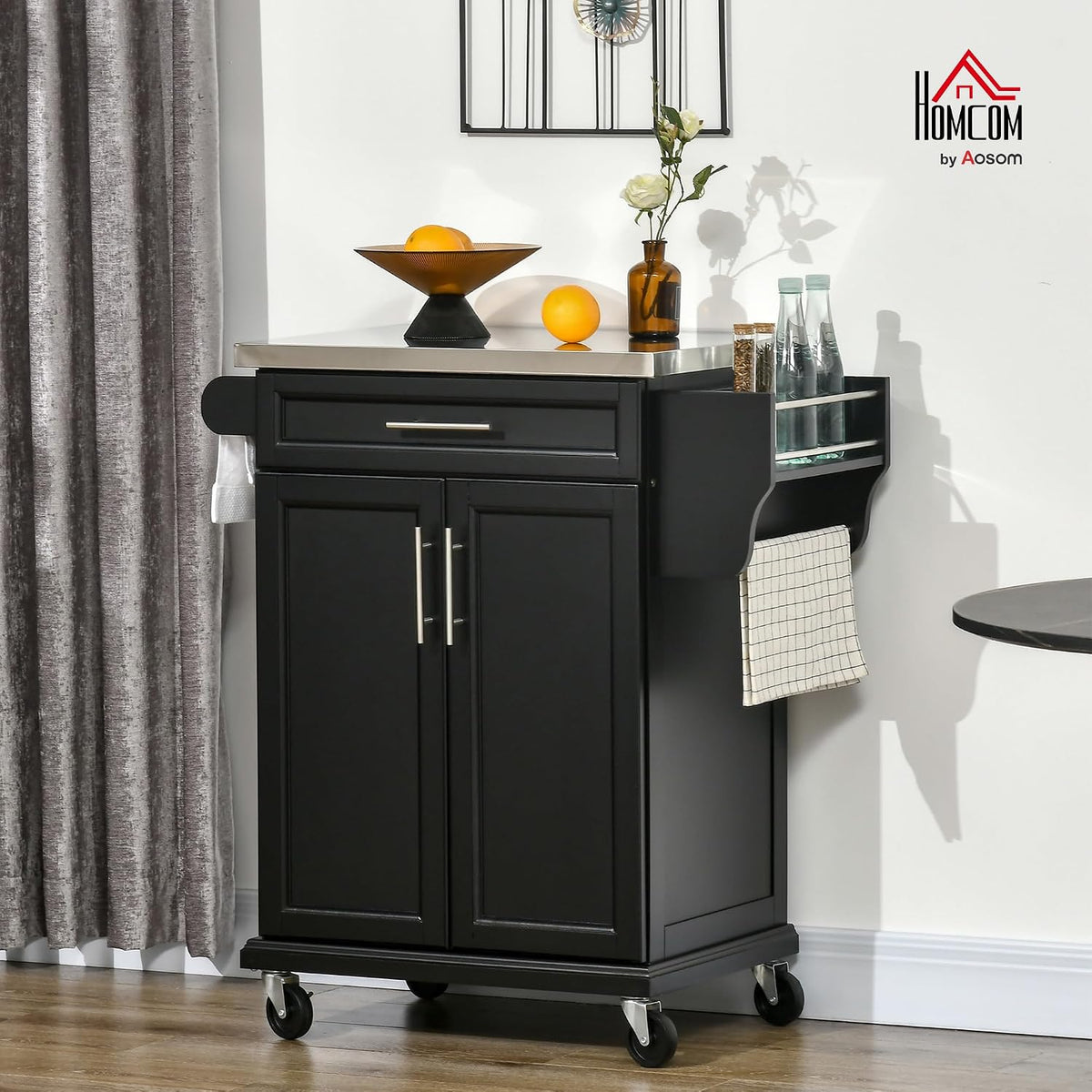HOMCOM Kitchen Island on Wheels with Stainless Steel Countertop Black
