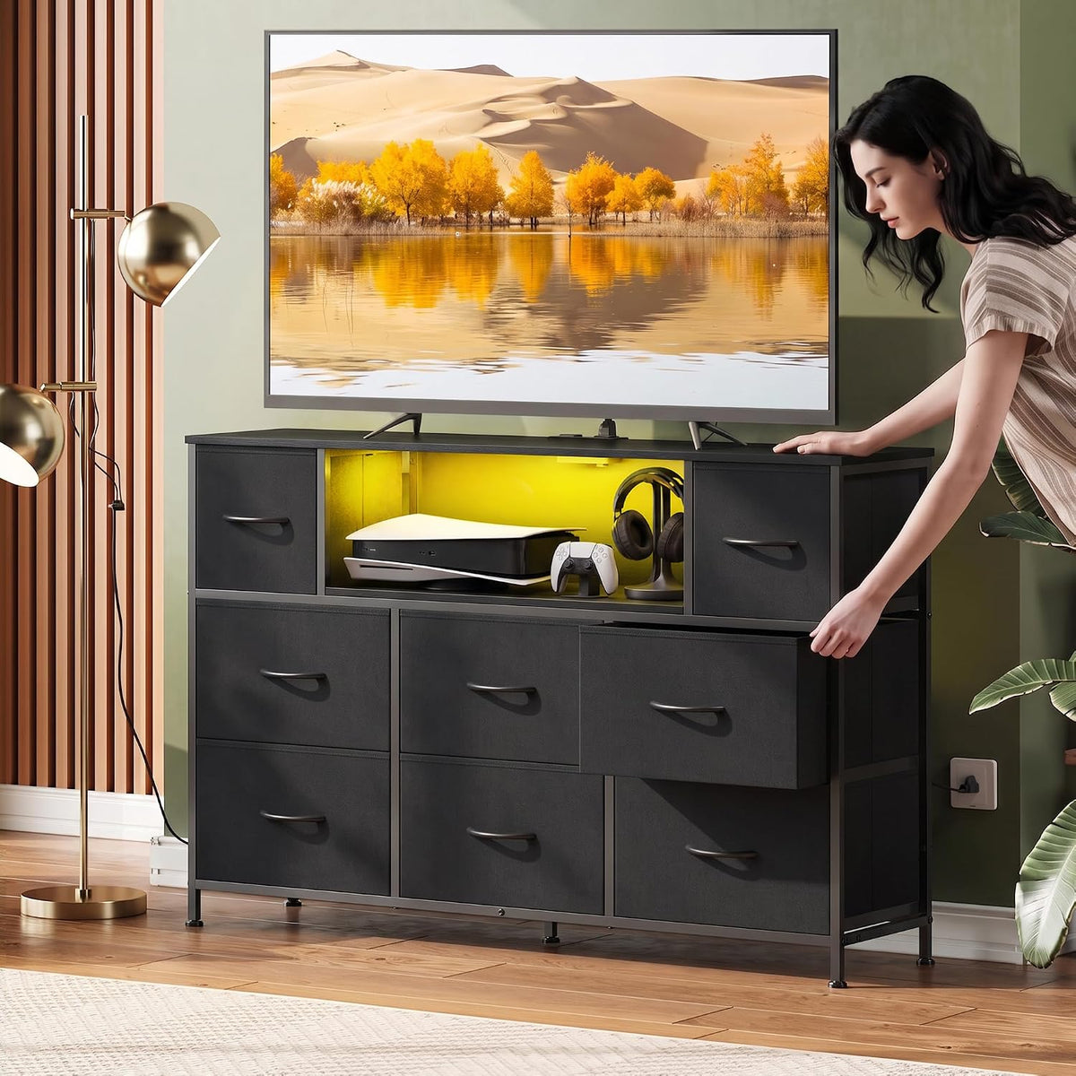 WLIVE LED Black Dresser TV Stand for 55 Inch TV, 8 Drawers