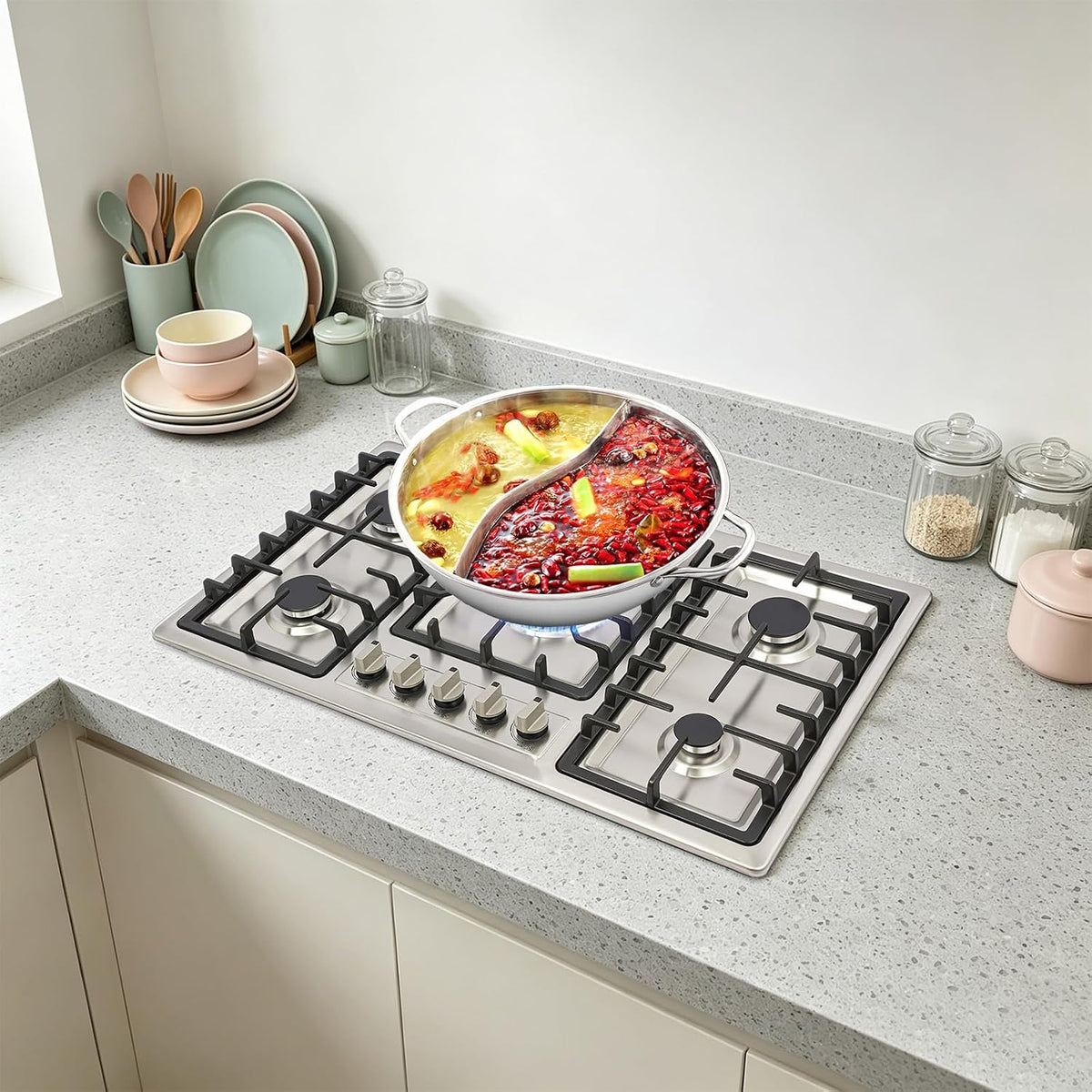 5 Burner Gas Cooktop, Stainless Steel Natural Gas Stove with Safety Device