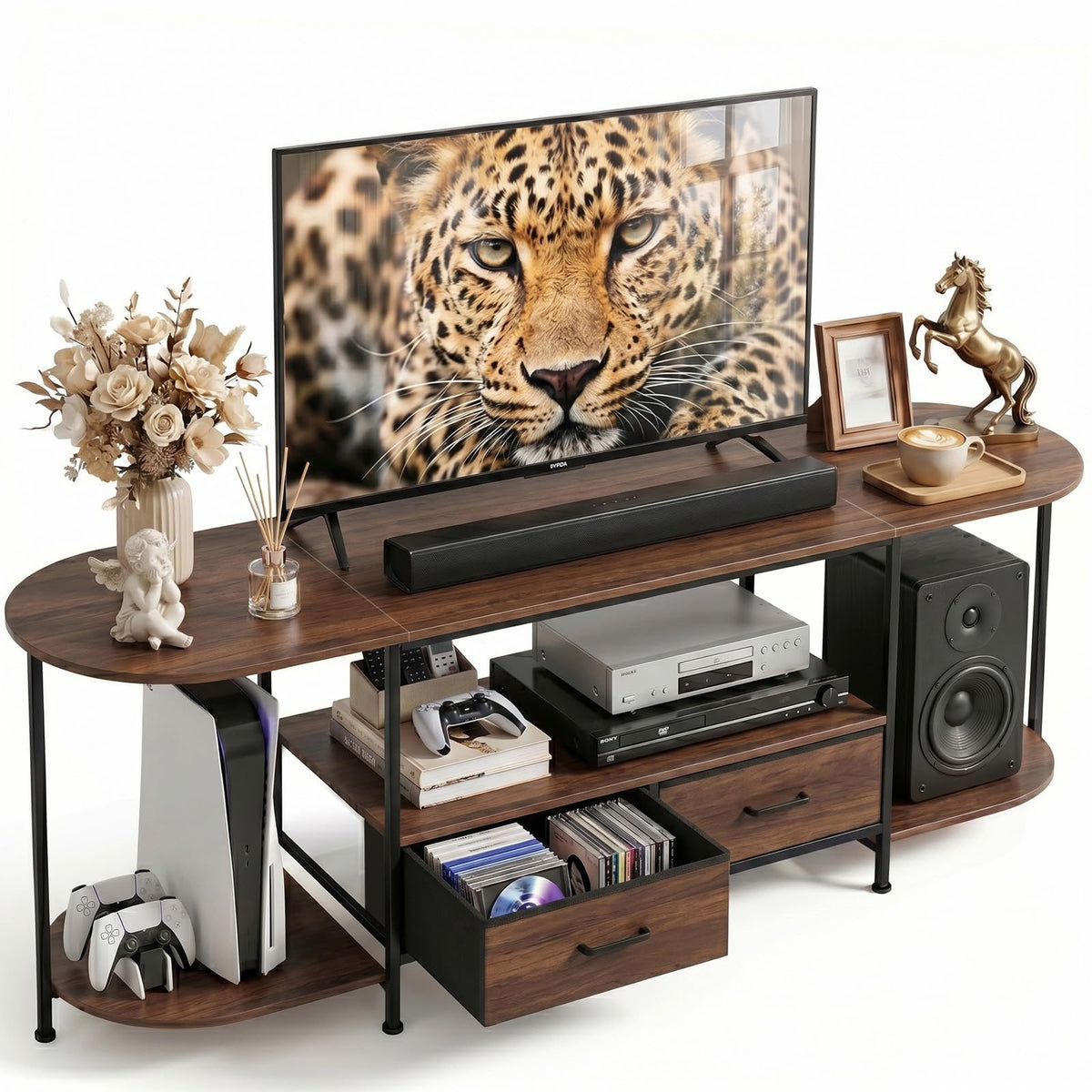 Faesun 63" TV Stand for TVs up to 75 Inches, Curved Edge Media Console & Entertainment Center with 2 Fabric Drawers, Modern TV Console Table for Living Room or Bedroom, Rustic Brown