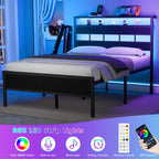 Furnulem Full Size Bed Frame, Storage Headboard, LED & Charger, Black Oak
