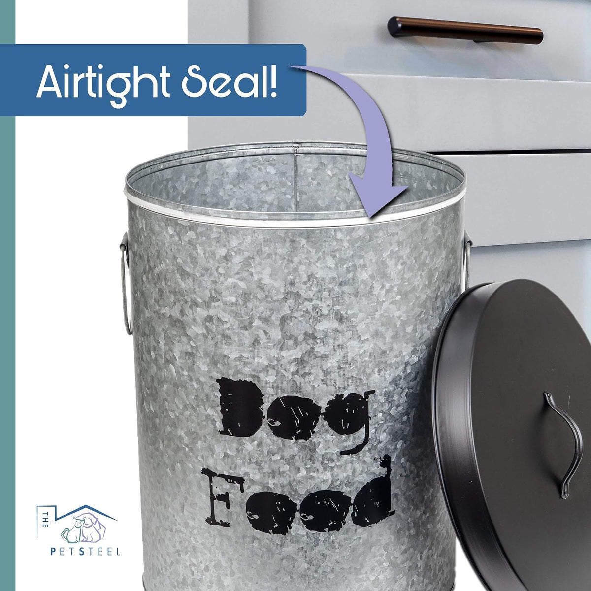 Large Dog 60lb Pet Food Storage Canister or Dog Bin with Scoop – Durable & Airtight for Freshnesss, Minimalist Design & Recyclable, Huge Large Metal Container