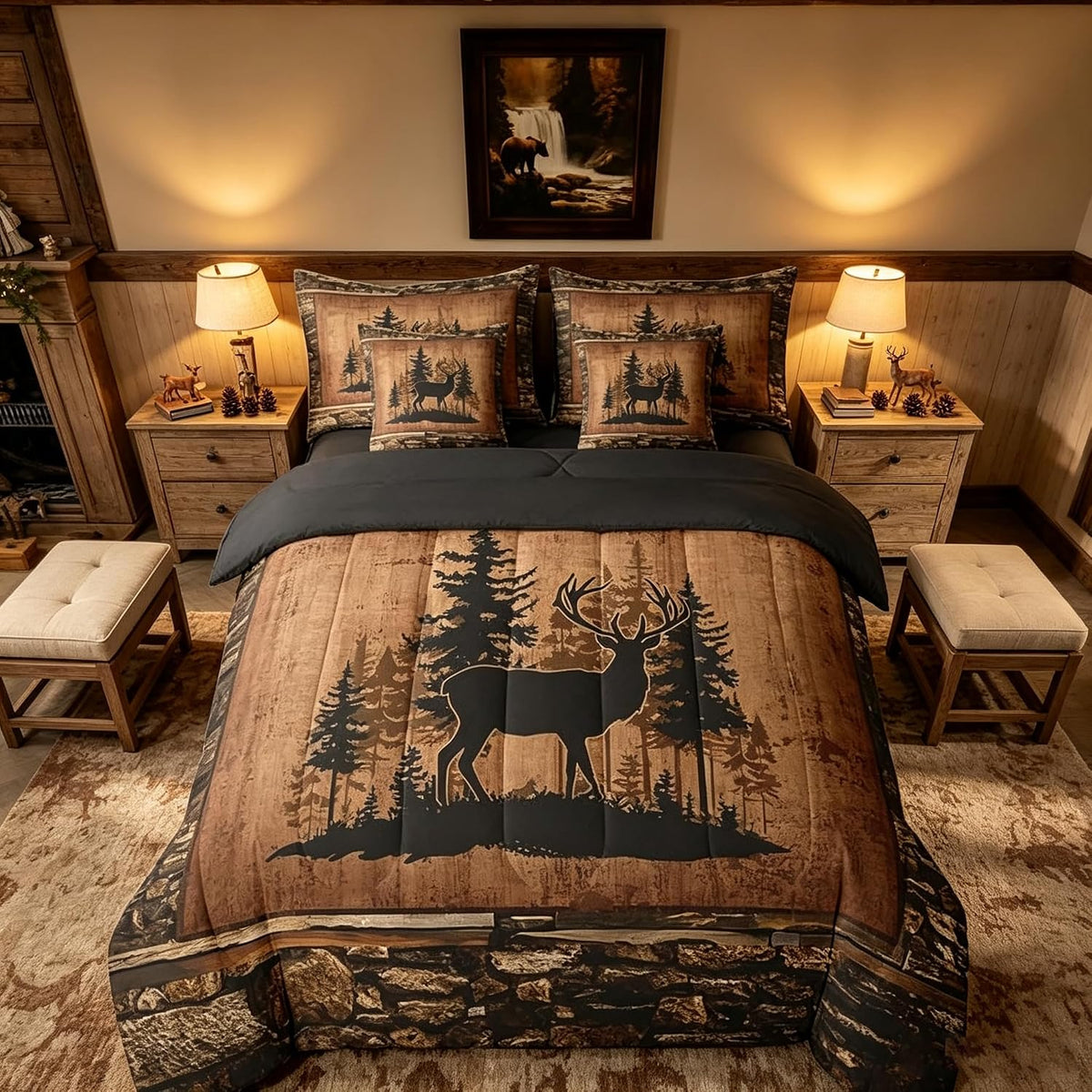 Feelyou Deer Comforter Set with Sheets King Size 7 piece Kids Rustic Deer Hunting Bedding Set Cabin Lodge Deer Bed in a Bag Farmhouse Nature Wildlife Antlers Brown Bed Set