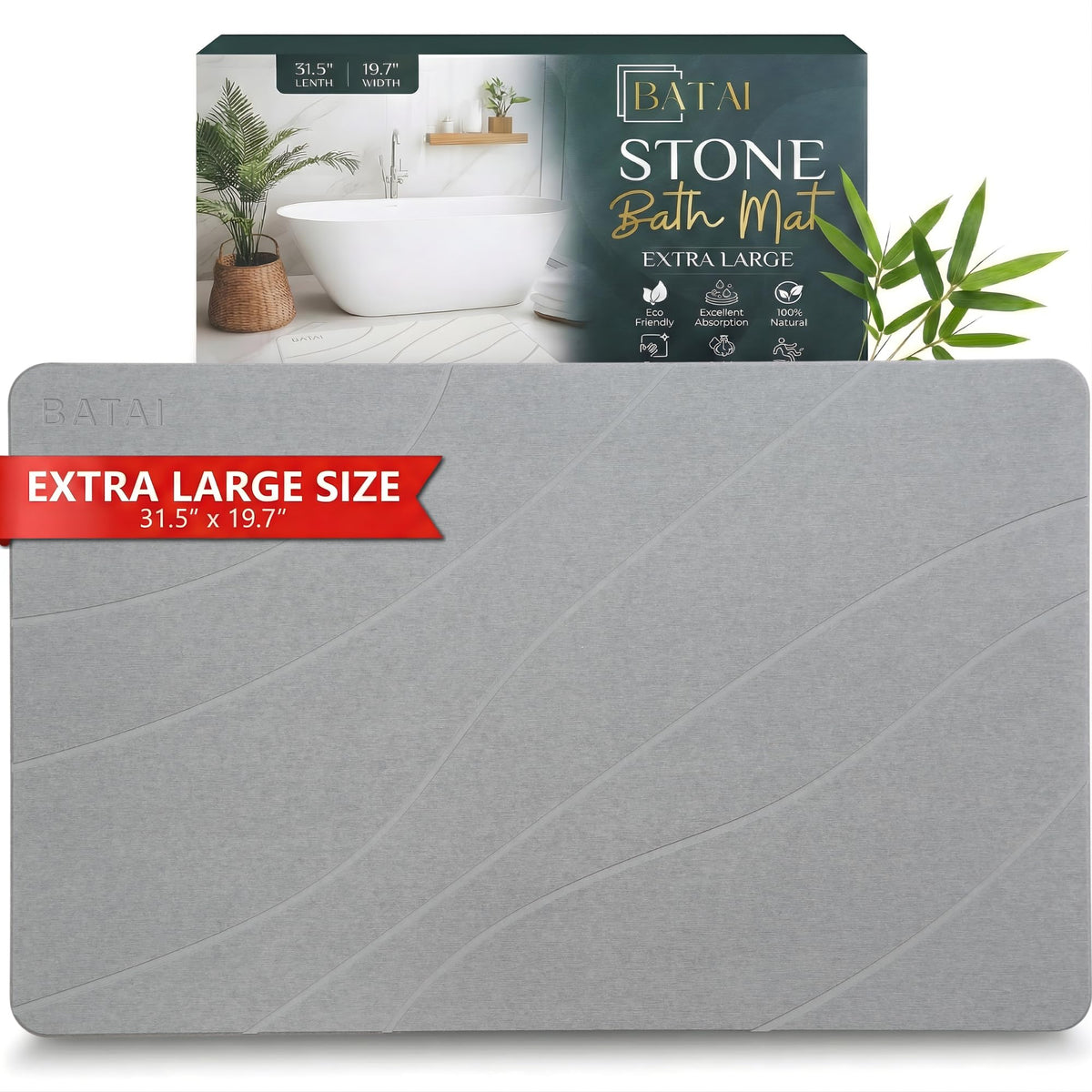 Extra Large Diatomaceous Earth Stone Bath Mat (31.5” x 19.7”) Dark Gray XL