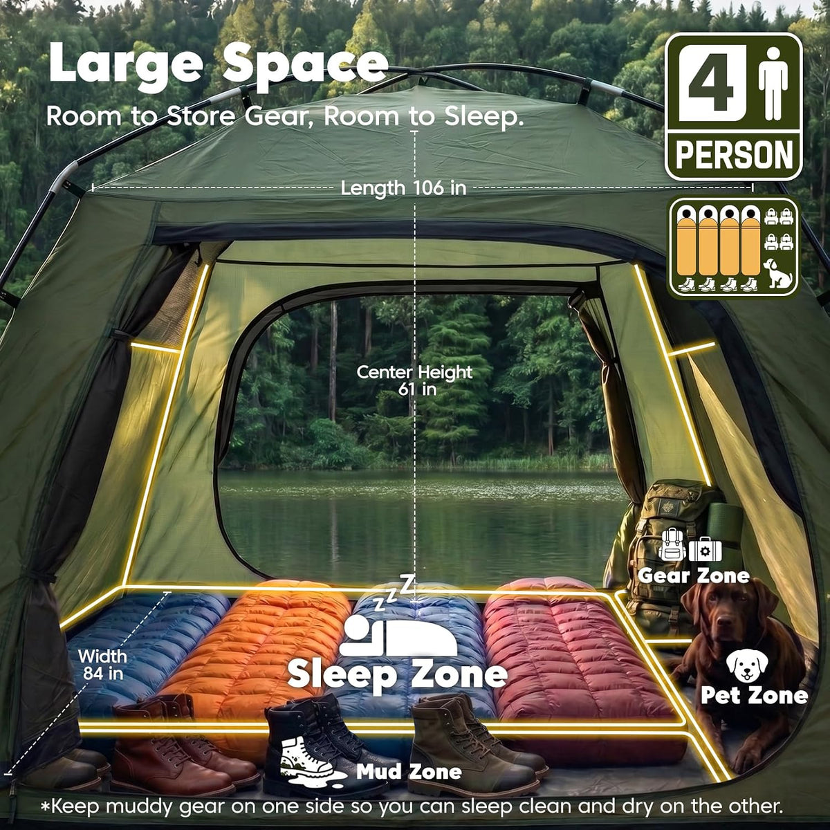 Purebox Tent 4 Person Tents for Camping with 2 Doors & Rainfly