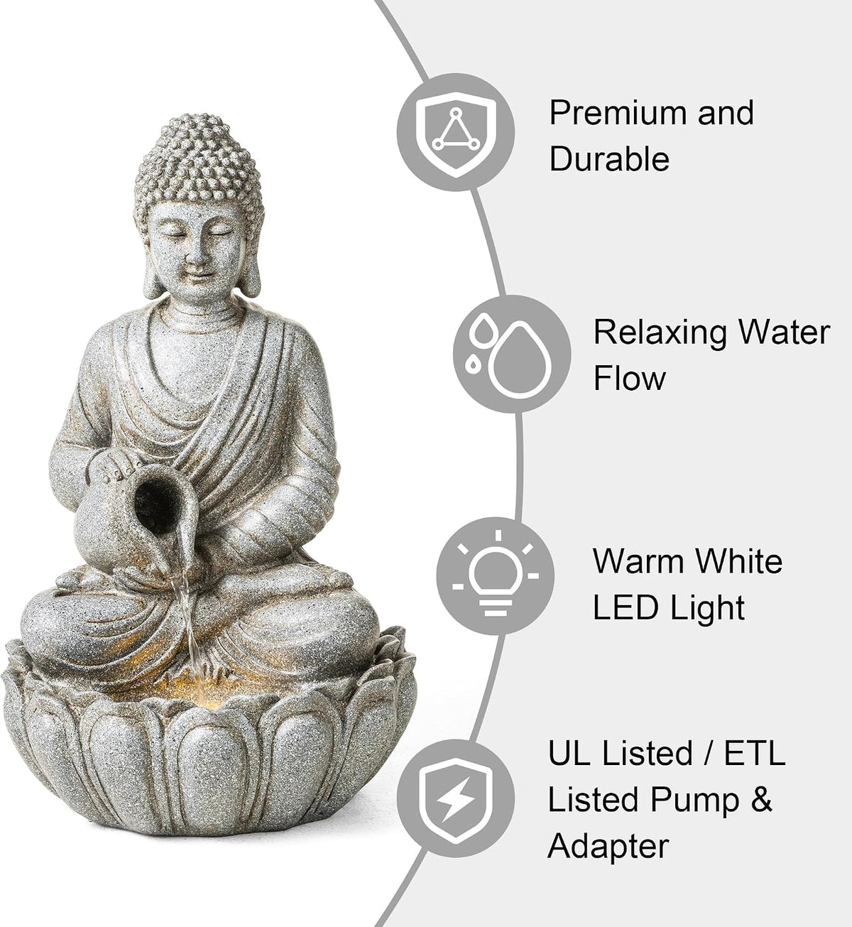 Glitzhome Buddha Statues, 20.5"H Zen Style Outdoor Buddha Fountian with LED Light & Pump, Outdoor Floor Freestanding Fountain Meditative Garden Buddha Sculptures & Statues for Garden Porch Lawn Decor
