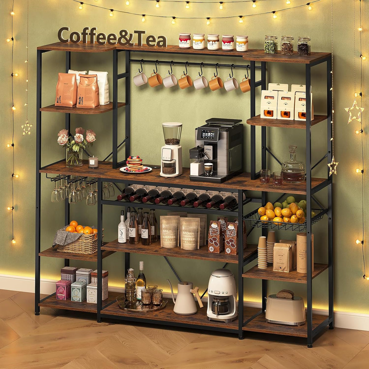 UPOSOJA 62.4in Large Bakers Rack with Power Outlet, 5-Tier Coffee Bar