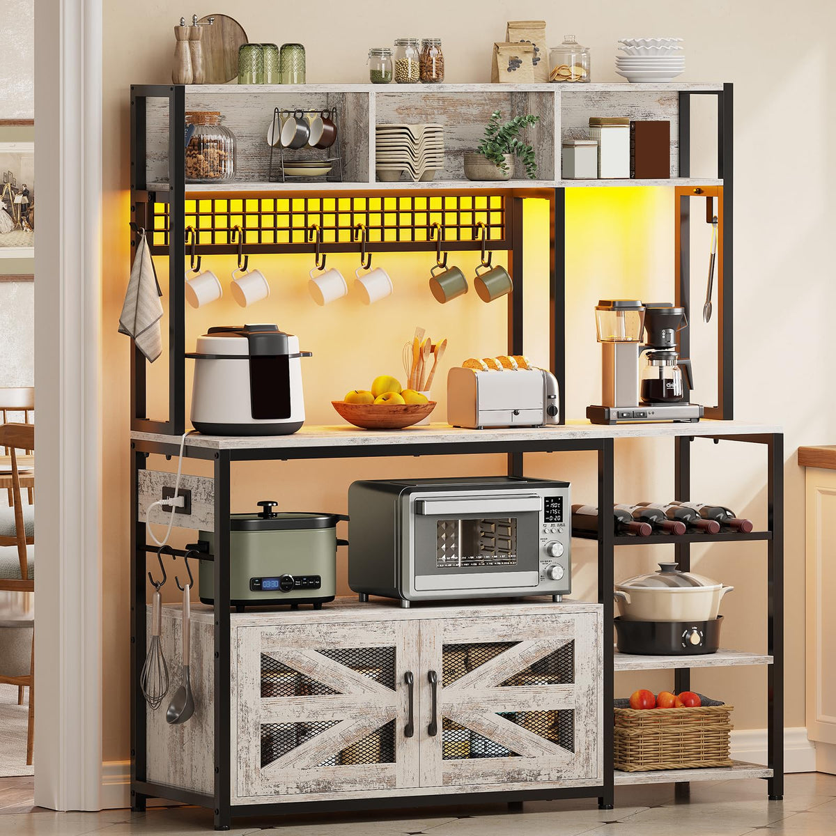 Itaar 47.2 Inch Bakers Rack with Power Outlet, Microwave Stand with Storage, Farmhouse Coffee Bar Cabinet Station with Wine Rack, Iron Mesh and 8-S Hooks (Black)