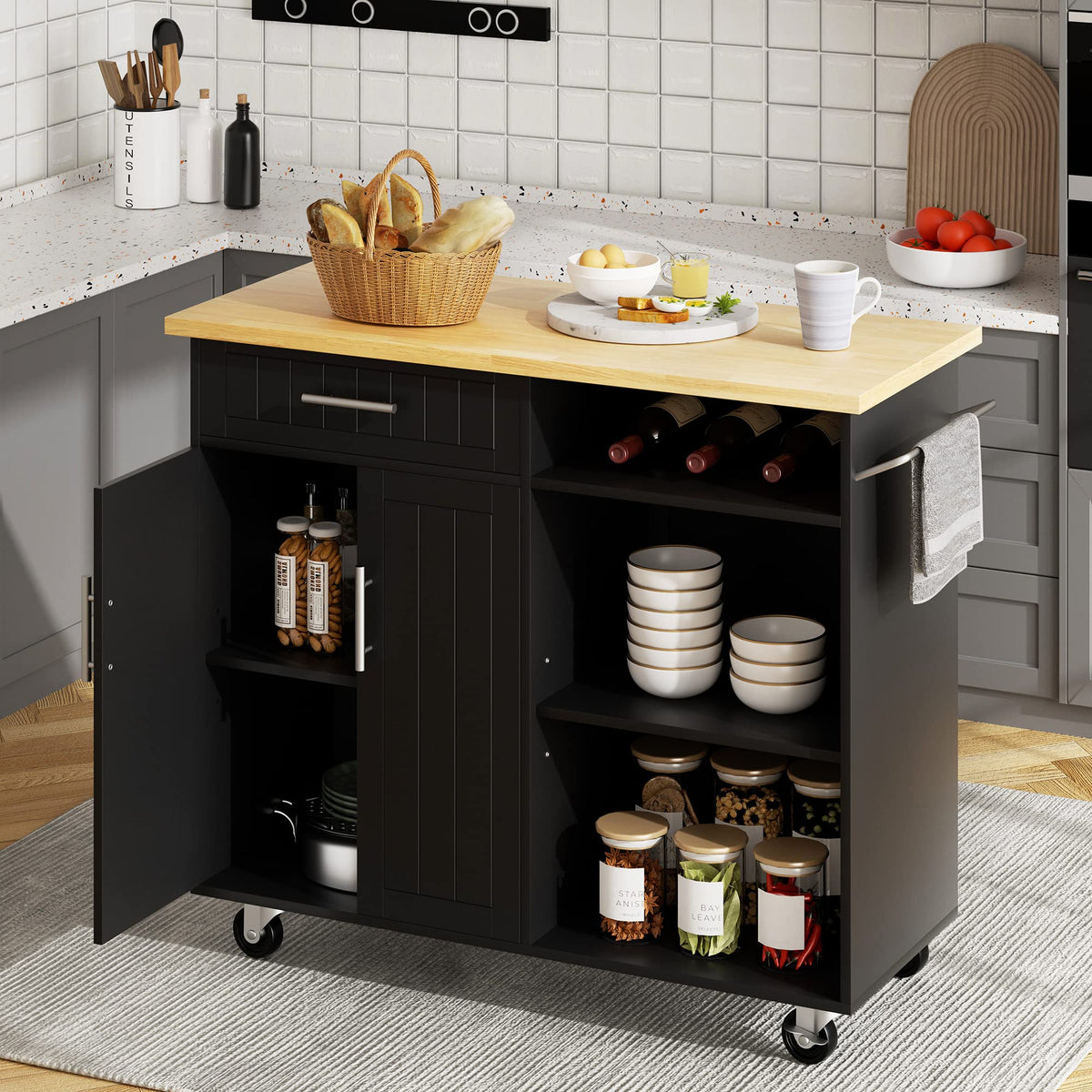 JY QAQA 26" Rolling Kitchen Island Cart on Wheels, Mobile Storage Cabinet with Adjustable Inner Shelves, Kitchen Prep Cart with Towel Rack & Lockable Casters for Small Apartment Kitchen, White