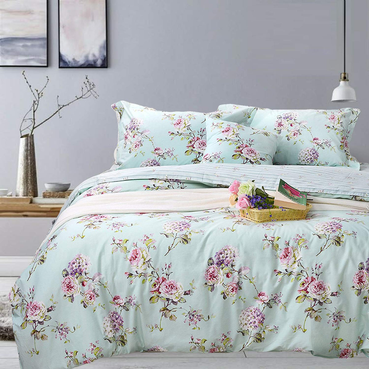 FADFAY Floral Duvet Cover Set 100% Cotton Green Striped and Beige Bedding White Flower Branches Print 600 TC Soft Reversible Zipper Bed Cover & 2 Pillowcases,King/Cal King(106x92)
