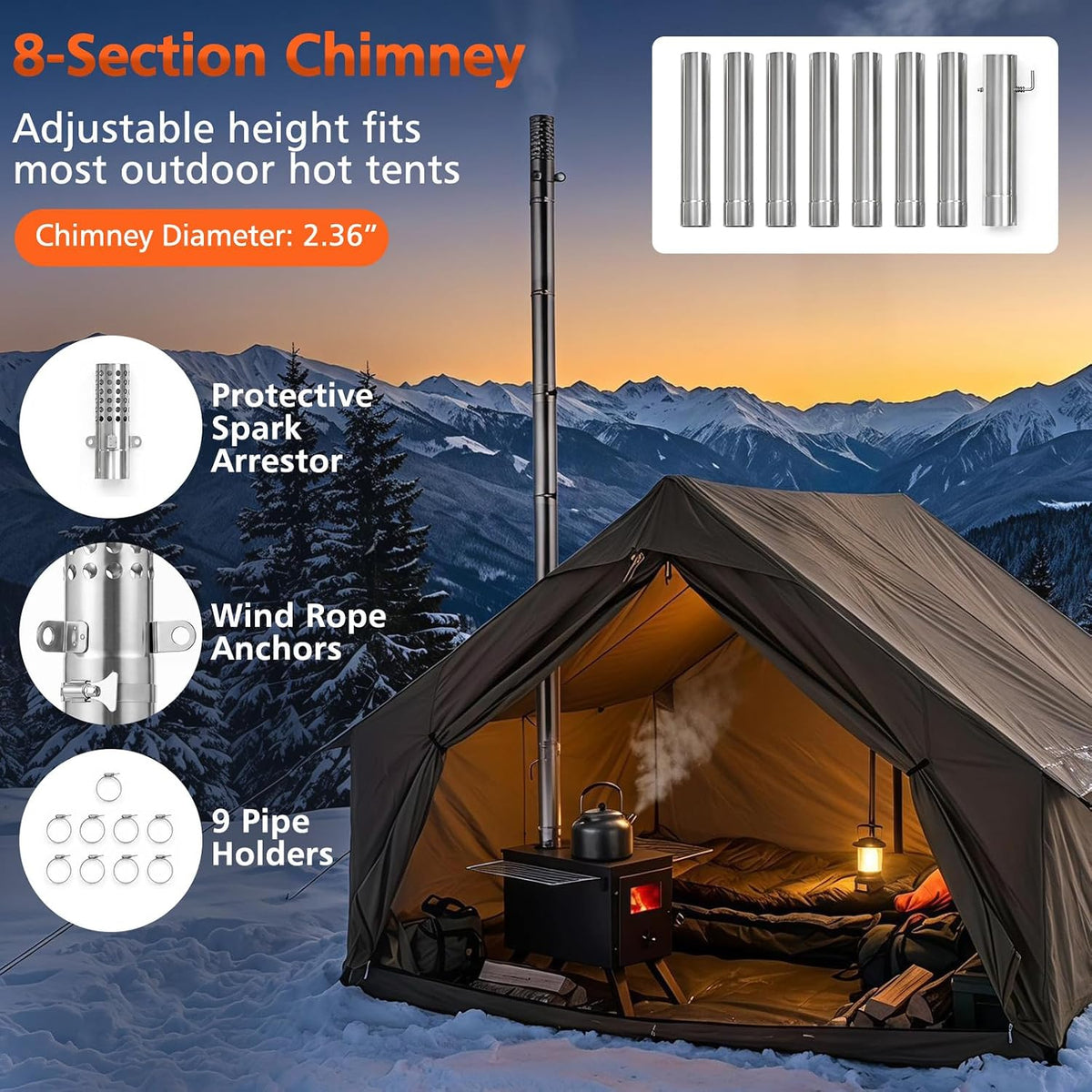GIANTEX Hot Tent Stove, 8.4 ft Wood Burning Stove with Ash Tray