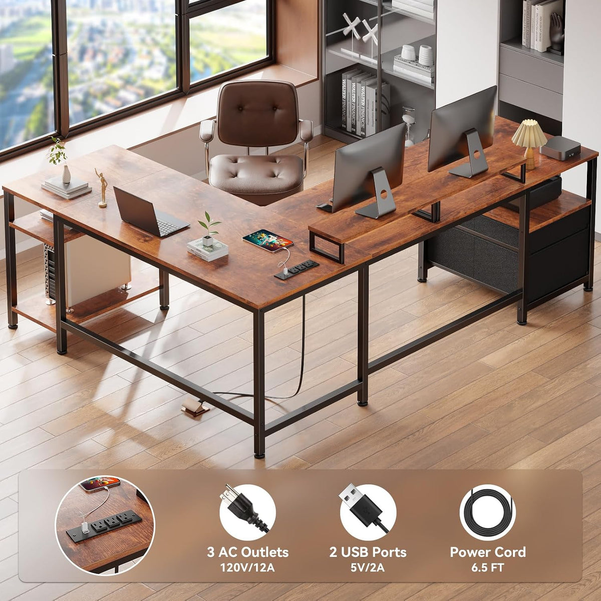 Furologee 66'' L Shaped Desk with Power Outlet and 2 Drawers, Rustic Brown