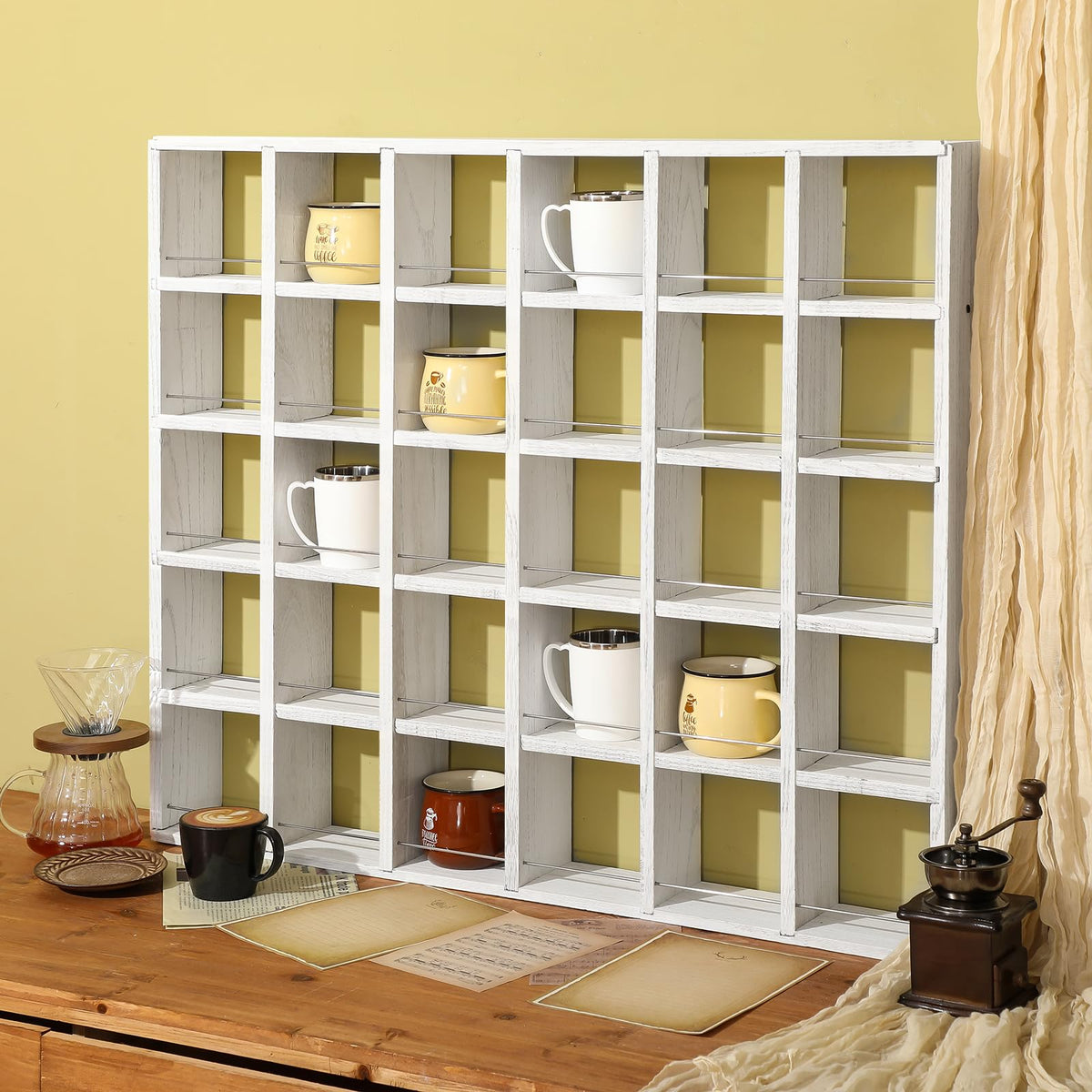 Kigley Oversize Coffee Mug Display Rack Wooden Shelves Rustic Shot Glass Display Case Travel Mug Shelf Wall Mounted Rack Holder Shadow Box(5 x 6,Dark Brown)