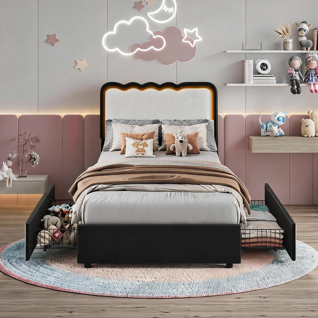 IDEALHOUSE Twin LED Bed, 2 Drawer Trundle, Pink Wave Headboard