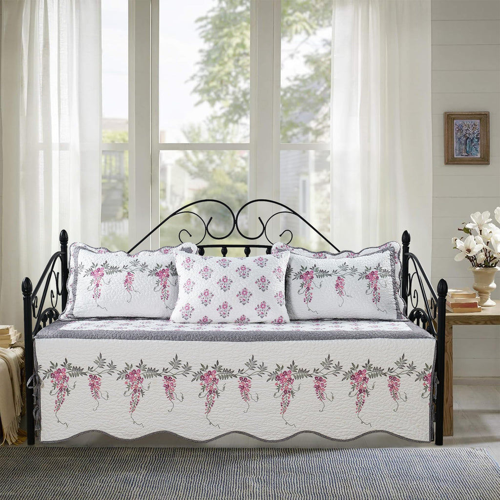5-Piece Quilted Microfiber Daybed Cover Set with Floral Embroidery, All Season Luxurious Bedding with Matching Shams and Bed Skirt, 75"x39", Pink Flower