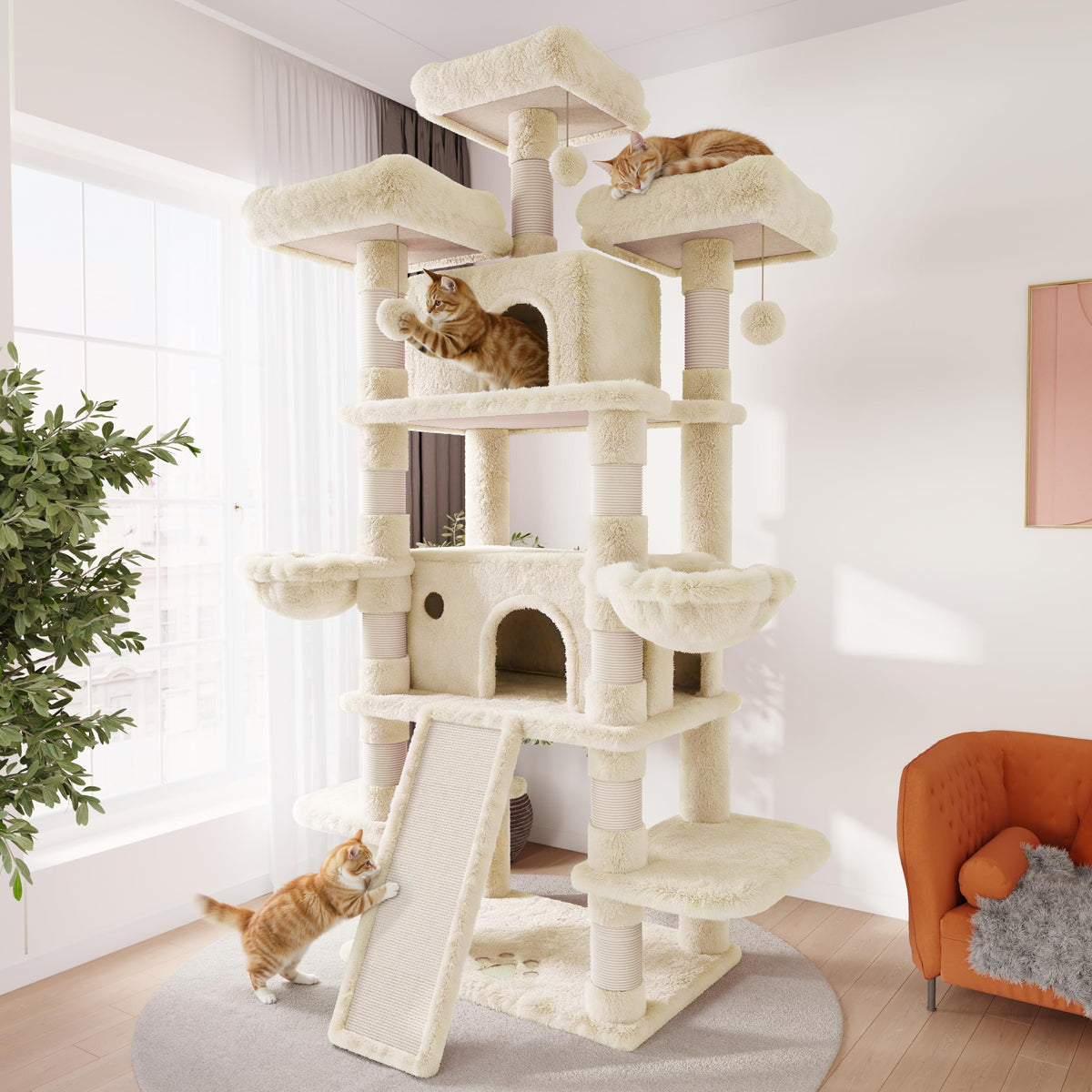 SHA CERLIN 68 Inches Multi-Level Large Cat Tree for Large Kitties/Big Cat Tower with Condo/Cozy Plush ‌Pussycat Perches/Sisal Scratching Posts and Hammocks/Activity Center/Leopard Print