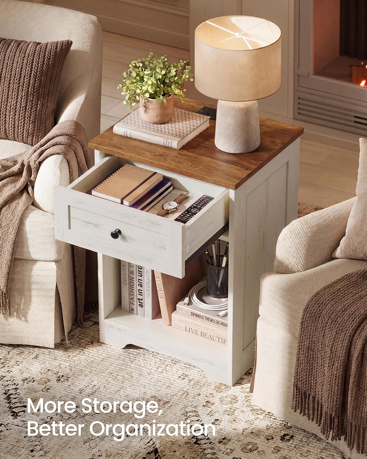 VASAGLE White Nightstand with Charging Station, 1 Drawer, Set of 2