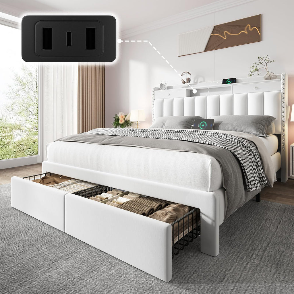 CypBed King Size Bed Frame with Headboard & 4-Storage Drawers, Upholstered