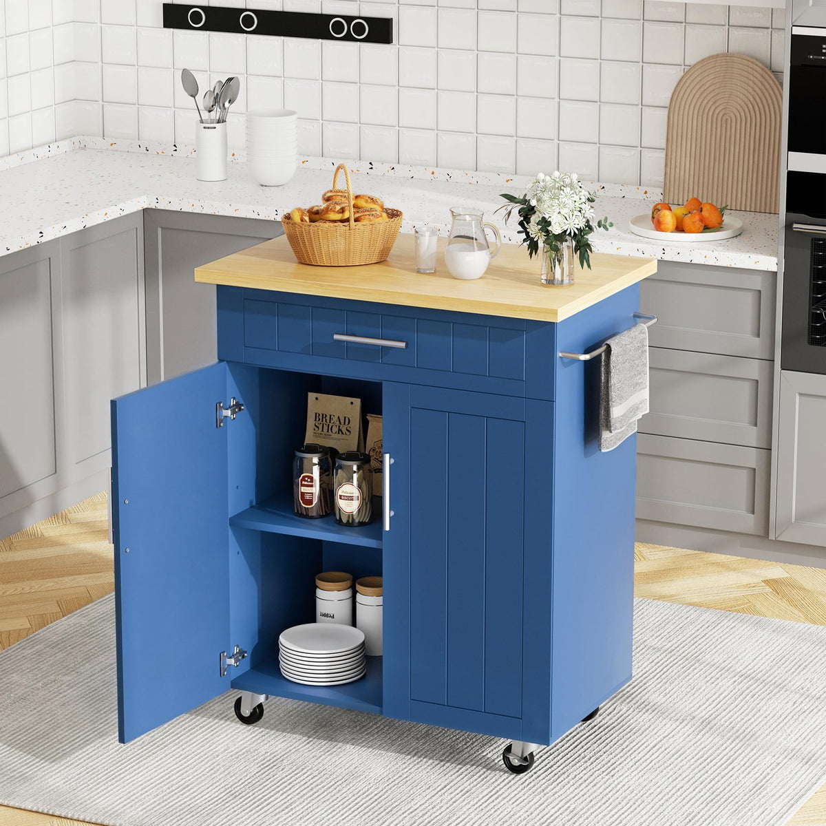 JY QAQA 26" Rolling Kitchen Island Cart on Wheels, Mobile Storage Cabinet with Adjustable Inner Shelves, Kitchen Prep Cart with Towel Rack & Lockable Casters for Small Apartment Kitchen, White