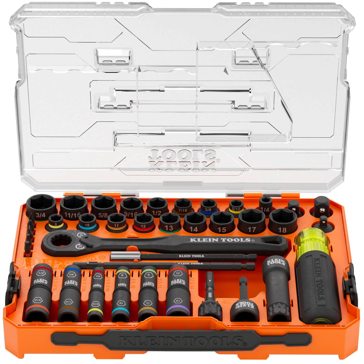 Klein Tools 65400KNECT KNECT Essential Pass Through Impact Socket Set, SAE and Metric, 90-Tooth Ratchet, MODbox Case, 3/8-Inch Drive, 28-Piece