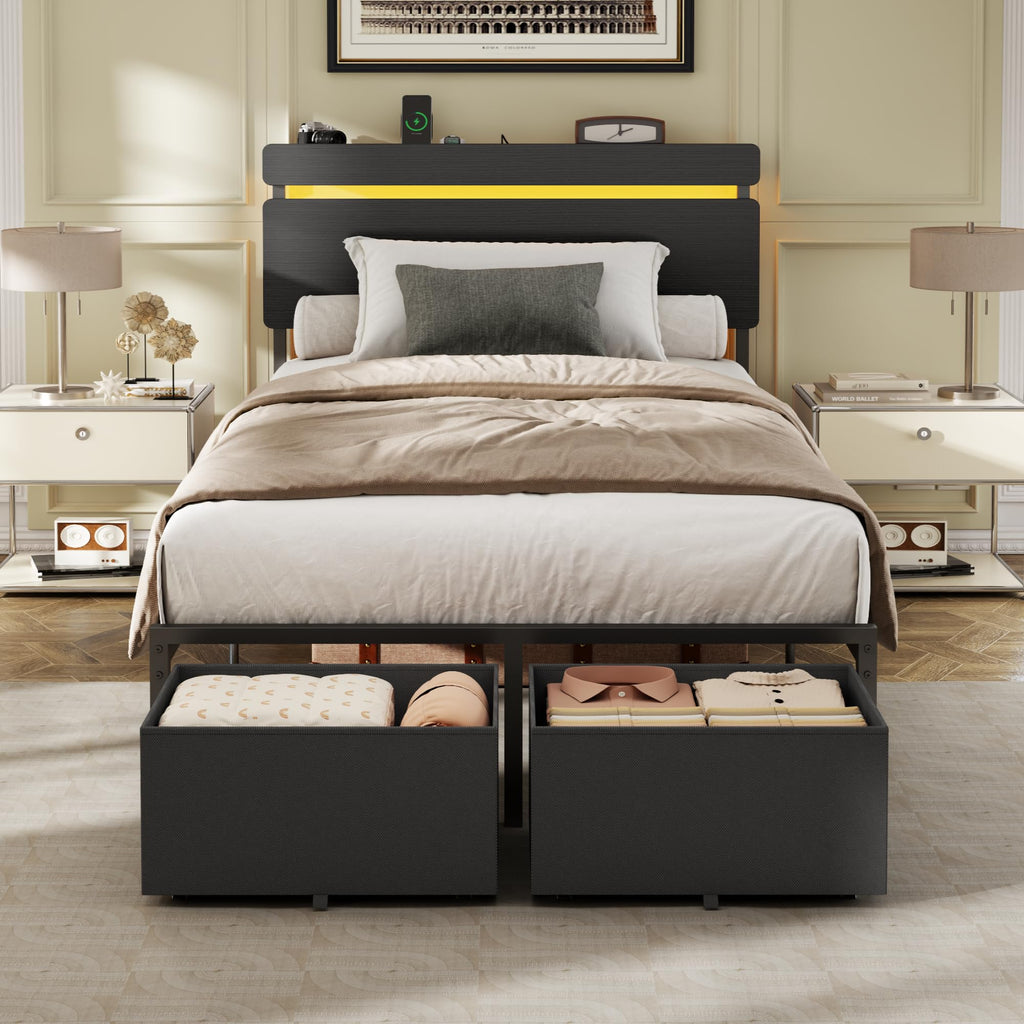 Forestell Queen Bed Frame with Wood Headboard,2 Storage Drawers & Shelf