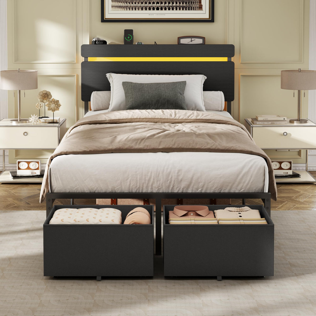 Forestell Queen Bed Frame with Wood Headboard,2 Storage Drawers & Shelf
