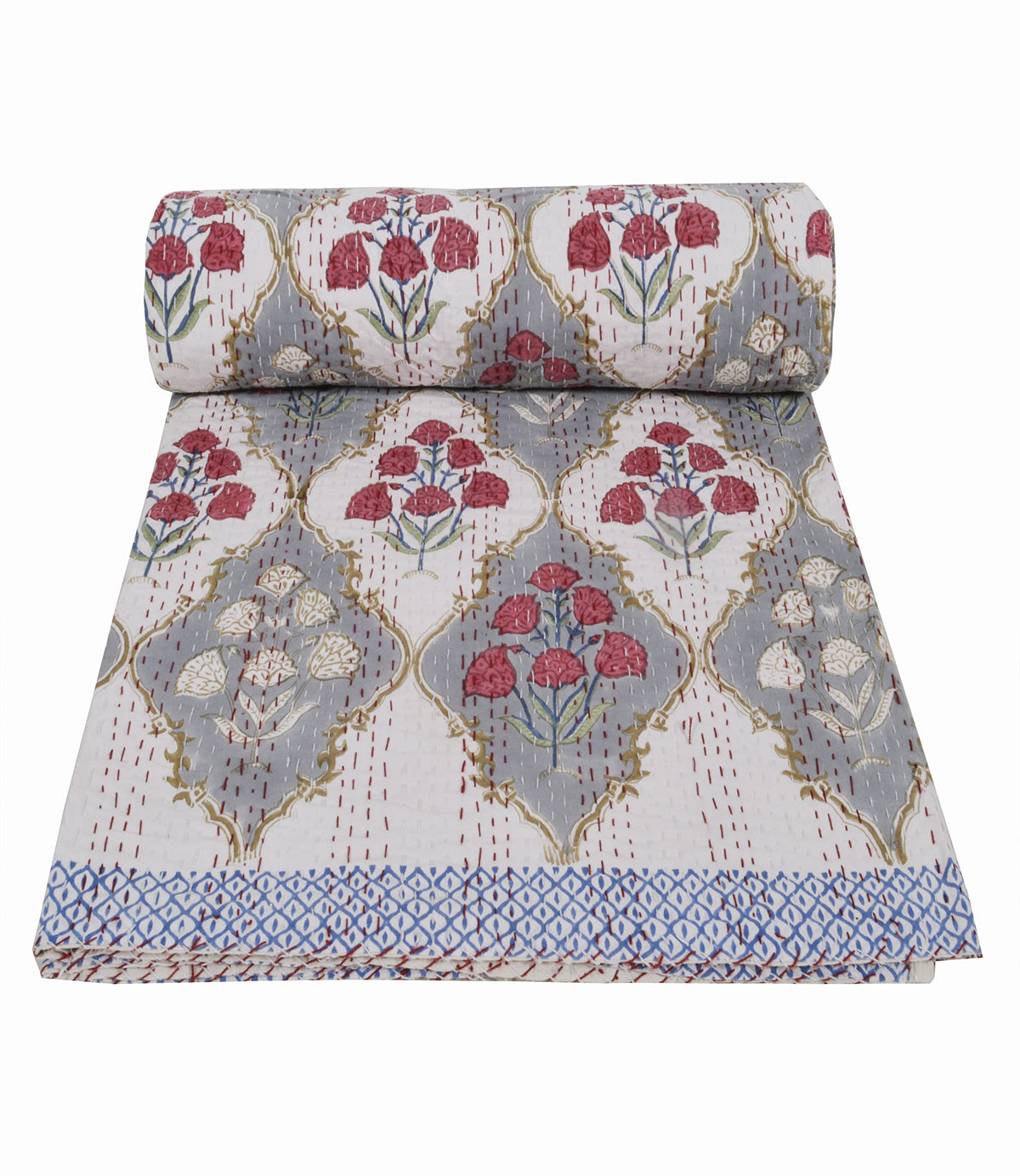 YUVANCRAFTS Indian Block Print Kantha Quilt Queen Size 90 x 108 Inch White 6-100% Cotton Bedspread Blanket Bed Cover Throw Vintage Boho