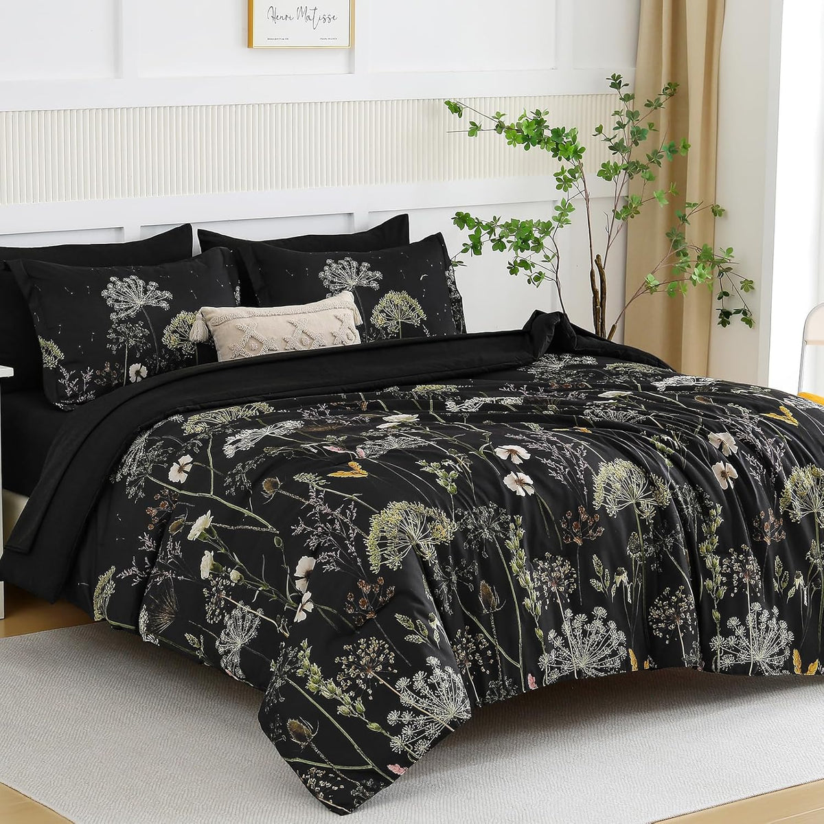 Yiran Black California King Comforter Set, 7 Pieces Floral Bed in a Bag