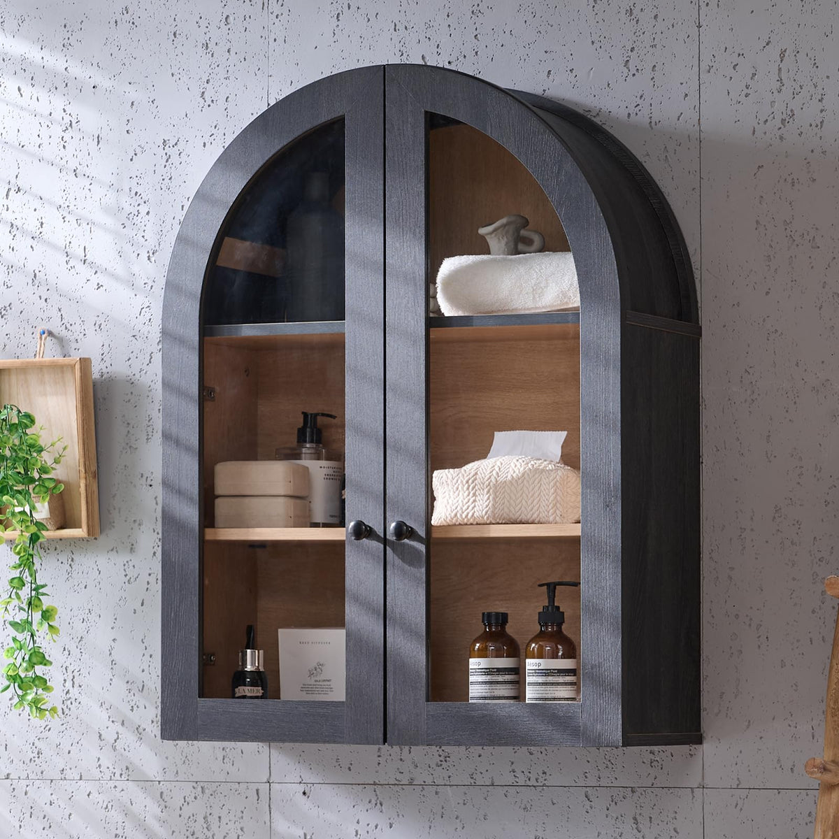 Bathroom Arched Wall Cabinet Over The Toilet Storage Cabinet, 23.5×31.4 Inch bathroom cabinet wall mount with Glass Doors & Adjustable Shelves, Wood Cabinet for Laundry Room, Kitchen,Natural oak
