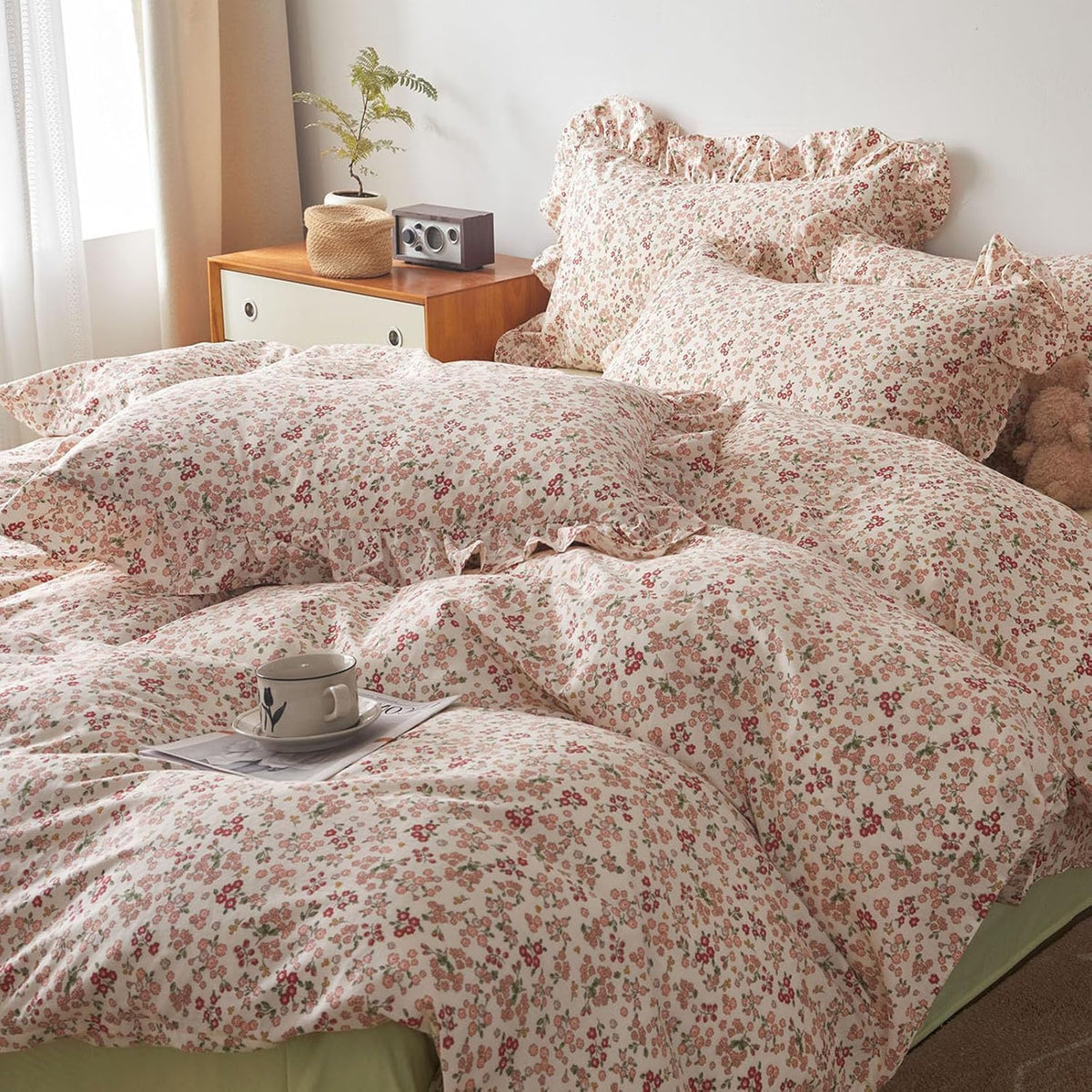 LifeTB Green Floral 100% Jersey Knit Cotton Duvet Cover Queen Vintage Style Botanical Floral Bedding Set Chic Shabby Green Floral Comforter Cover Girl Women Flower Bedding Cover with 2 Pillowcases