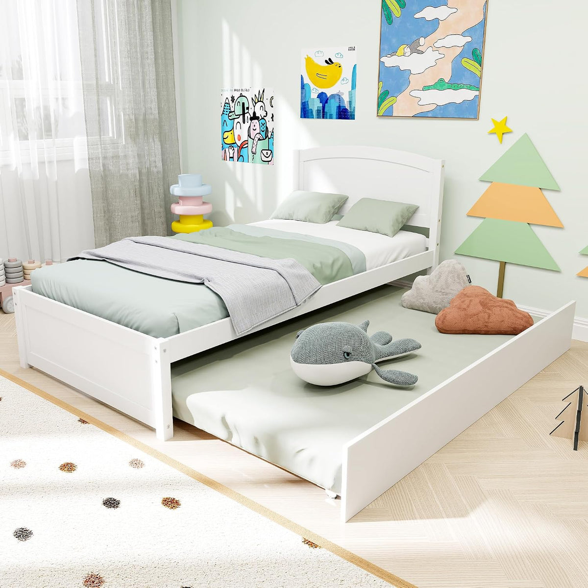 Twin Trundle Bed, Solid Wooden Pull Out Bedframe, Extendable Day Bed with Headboard and Soild Wood Slats Support, Bedroom, Living Room, Guest Room, No Box Spring Needed (White)
