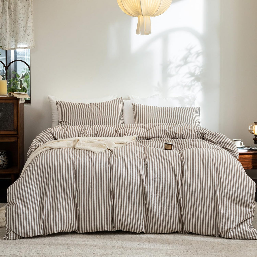 FOSSA Duvet Cover Set 100% Washed Cotton Linen Feel Queen