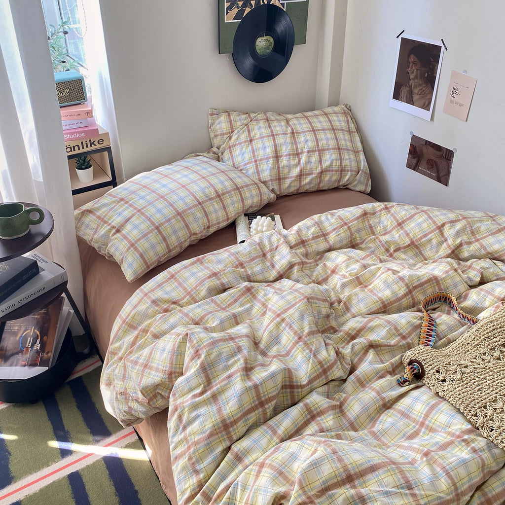 EAVD Vintage Buffalo Plaid Duvet Cover Queen Red&Black&Green Muslin Cotton