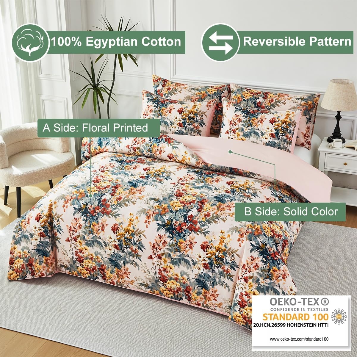 URBONUR 100% Cotton Floral Queen Duvet Cover Set 3-Pieces Botanical Bedding