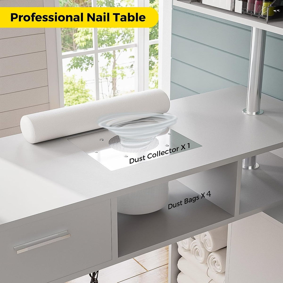 Kikihouse Manicure Table with Dust Collector, L-Shaped Nail Desk with Stool