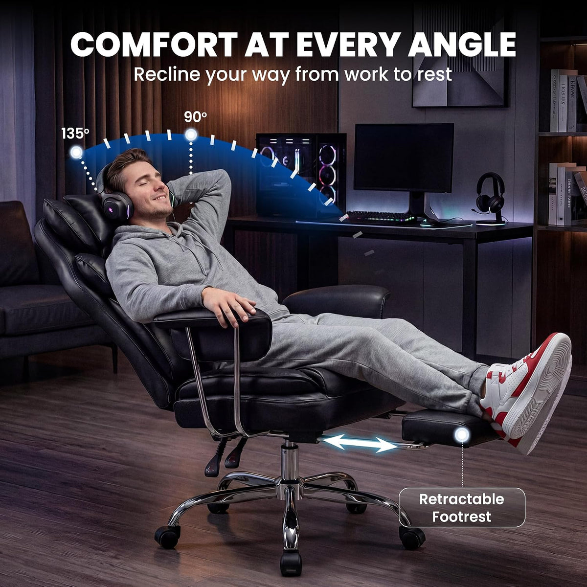 N-GEN GAMING Big and Tall Gaming Chair with Footrest, Reclining Chair,Black