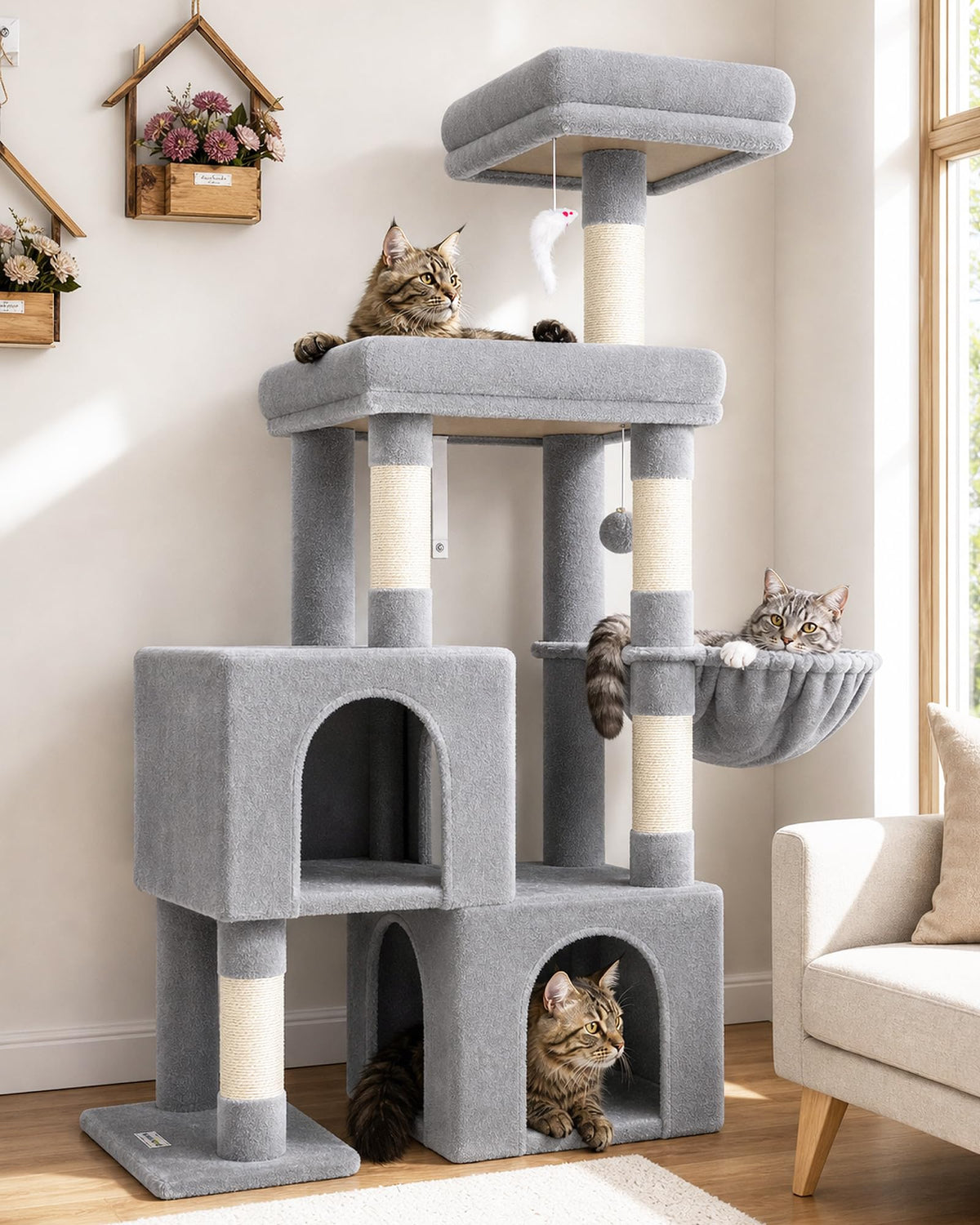Globlazer 52in Cat Tree Tower for Indoor Cats, 2 Condos, S52, Light Grey