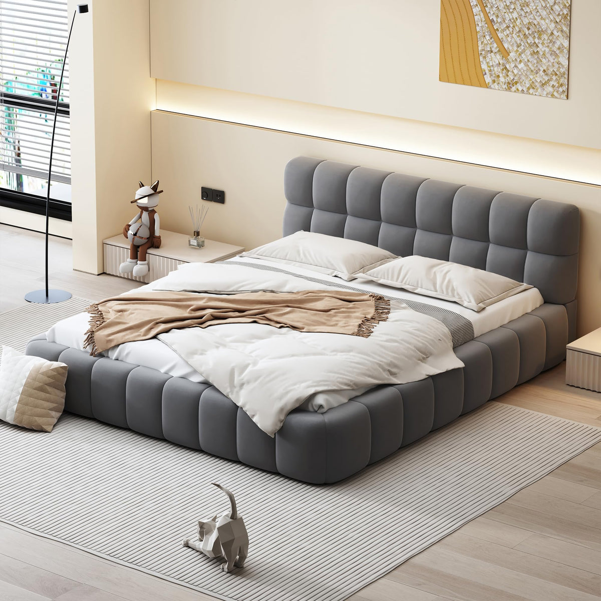 Grounded Bed Upholstered Platform Bed with Unique Design Thick Fabric Headboard, Wood Platform Bed Frame for Kids Adults Bedroom Furniture, Upholstered Floor Bed (Beige-11, Queen)