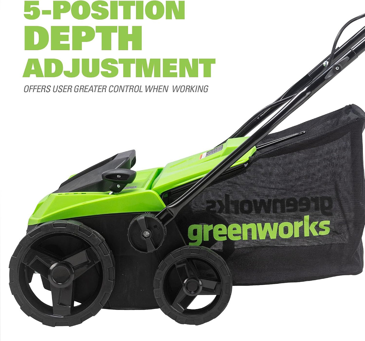 Greenworks 13 Amp 14-Inch Corded Dethatcher / Scarifier, 2-in-1 Electric Lawn Rake with 3-Position Depth Adjustment & Push-Button Start, Lawn Care Tool for Healthy Yard Maintenance