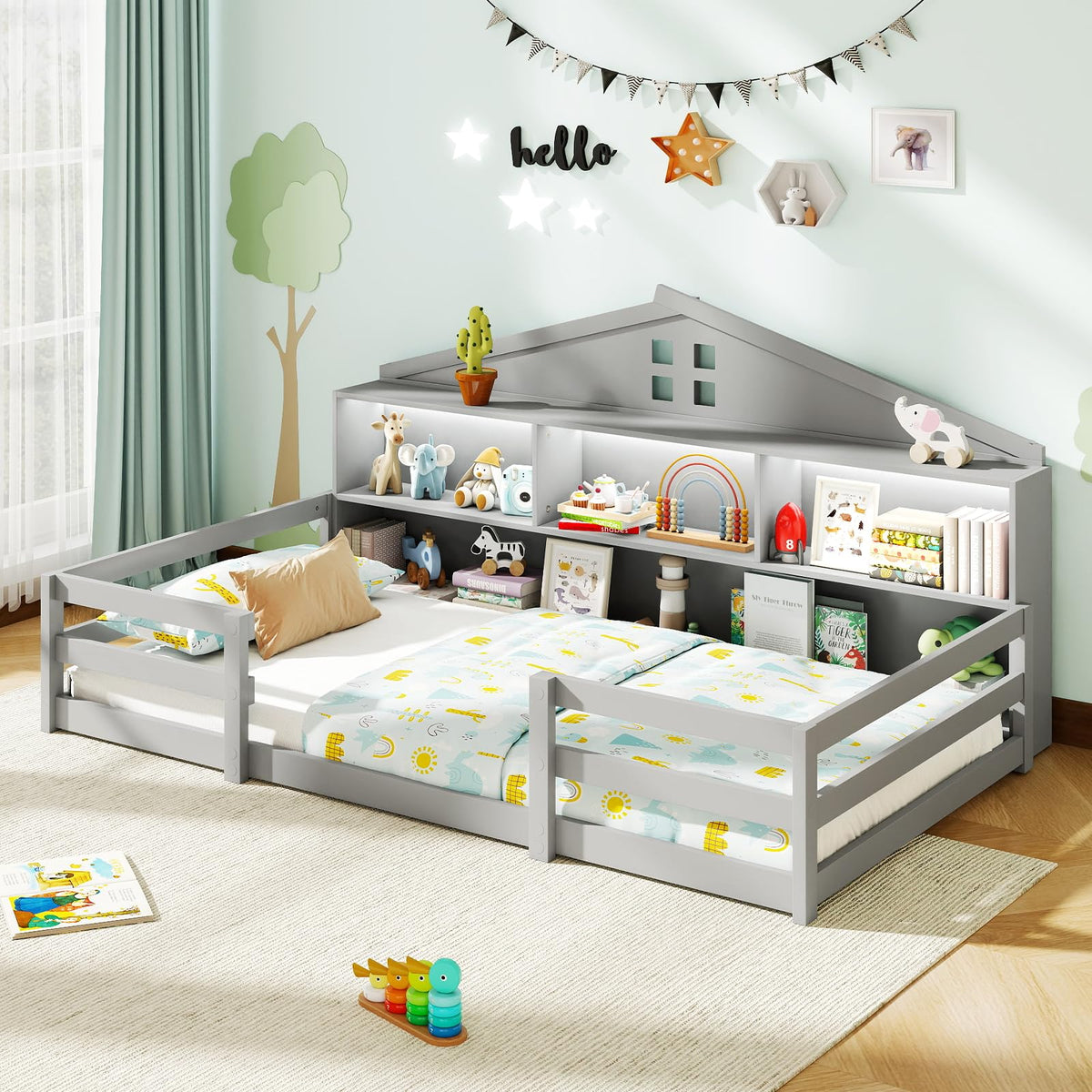 GIANTEX Full Size Floor Bed for Kids, Wooden Montessori Bed Frame with Bookcase, Storage Shelves & Safety Fence Rails, Floor Beds Full for Girls, Boys, No Box Spring Needed, Without Slats, White