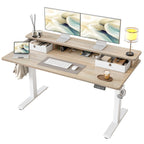TIQLAB Standing Desk with Two Drawers, Stand Up Standing Desk Adjustable Height, Electric Sit Stand Table with Storage Shelf and Splice Board, with LED Light, 55 * 28 inch, Maple