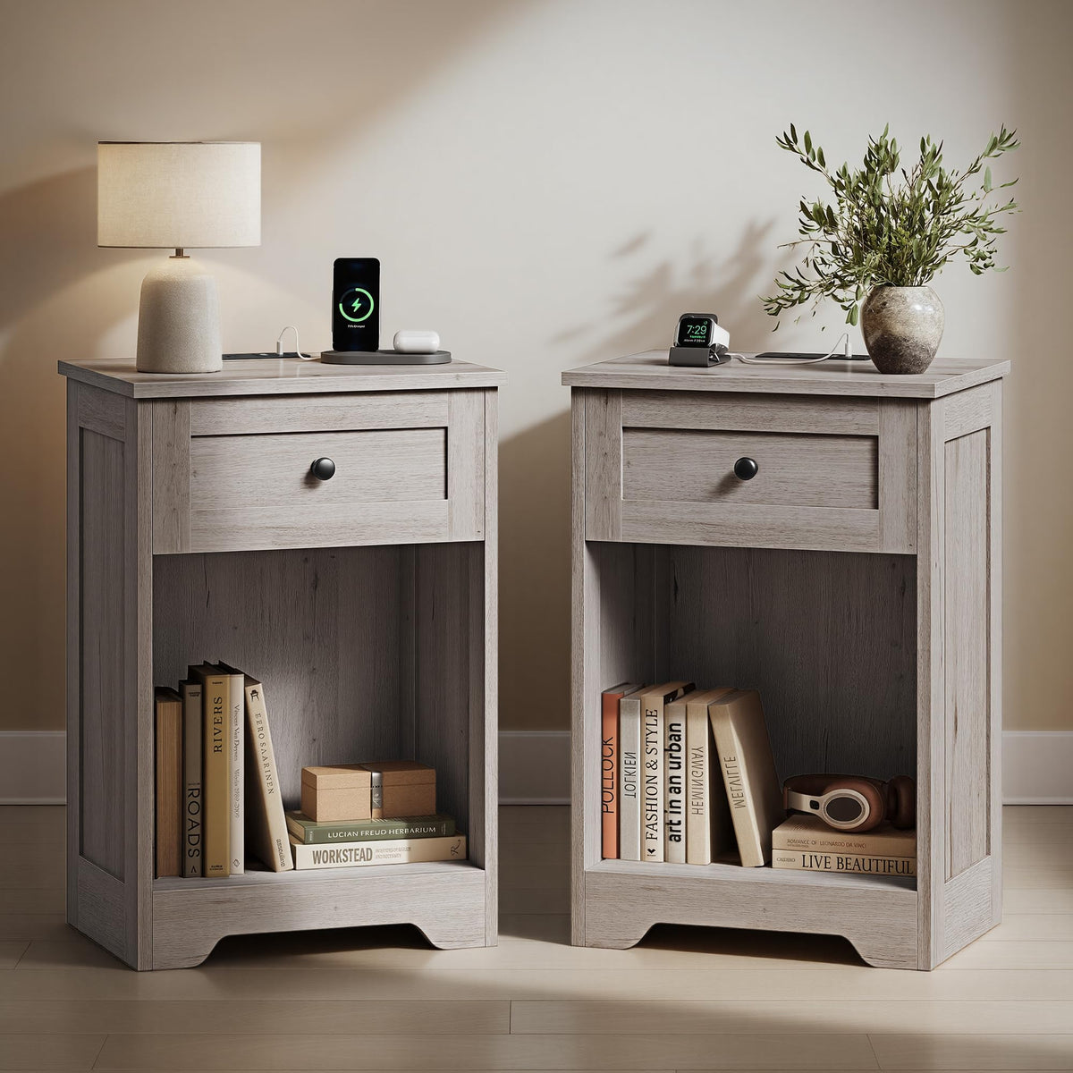VASAGLE White Nightstand with Charging Station, 1 Drawer, Set of 2