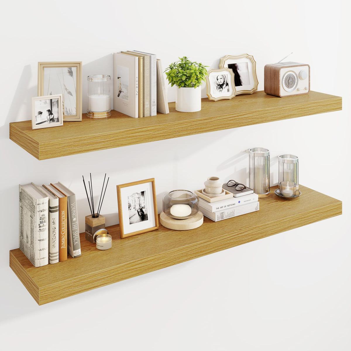 Marsmiles 55" Floating Shelves for Wall, Wooden Shelves with Invisible Brackets Set of 2, Rustic Farmhouse Wall Mounted Shelf for Kitchen Bathroom Living Room Study, White
