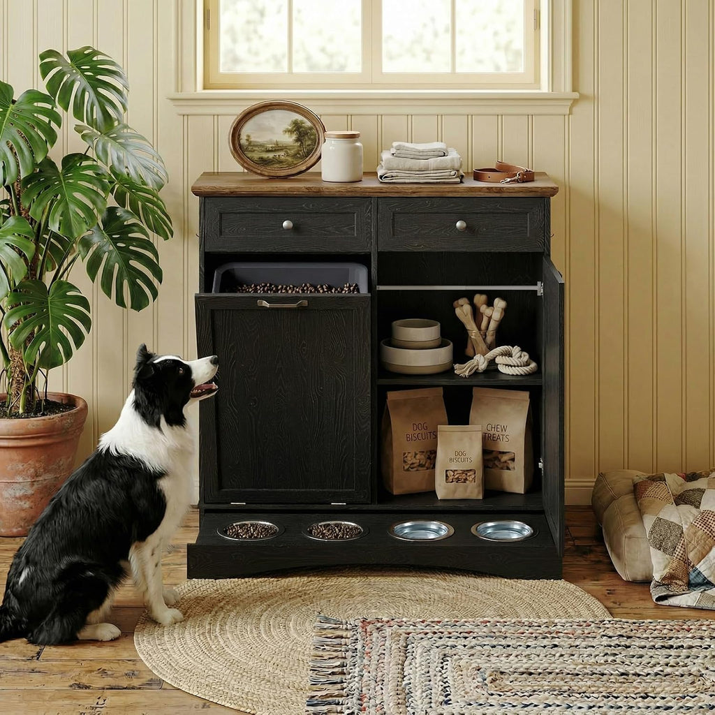 Furnaza Pet Feeding Station with 4 Bowls,Dual Doors Dog Cabinet Storage