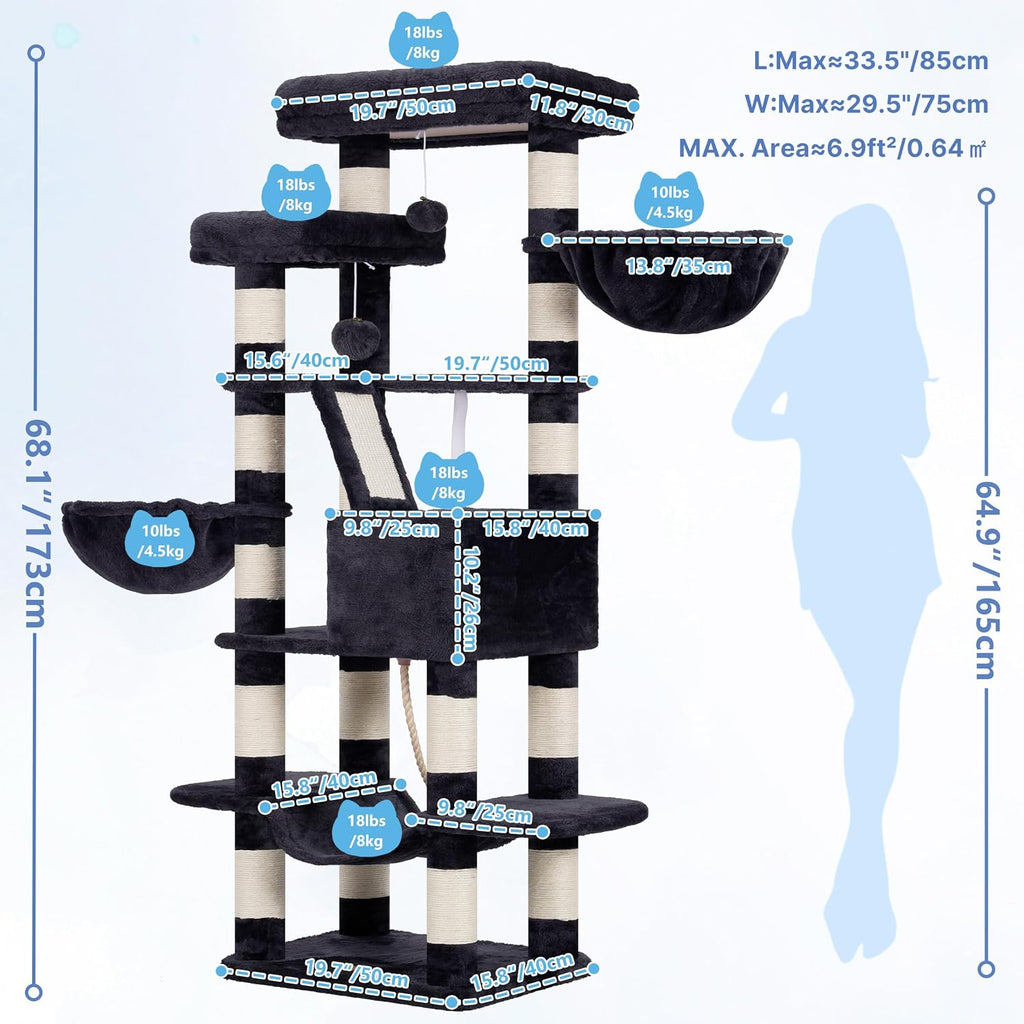 Heybly Cat Tree, 68 inch Multi-Level Cat Tower for Indoor Cats HCT025G