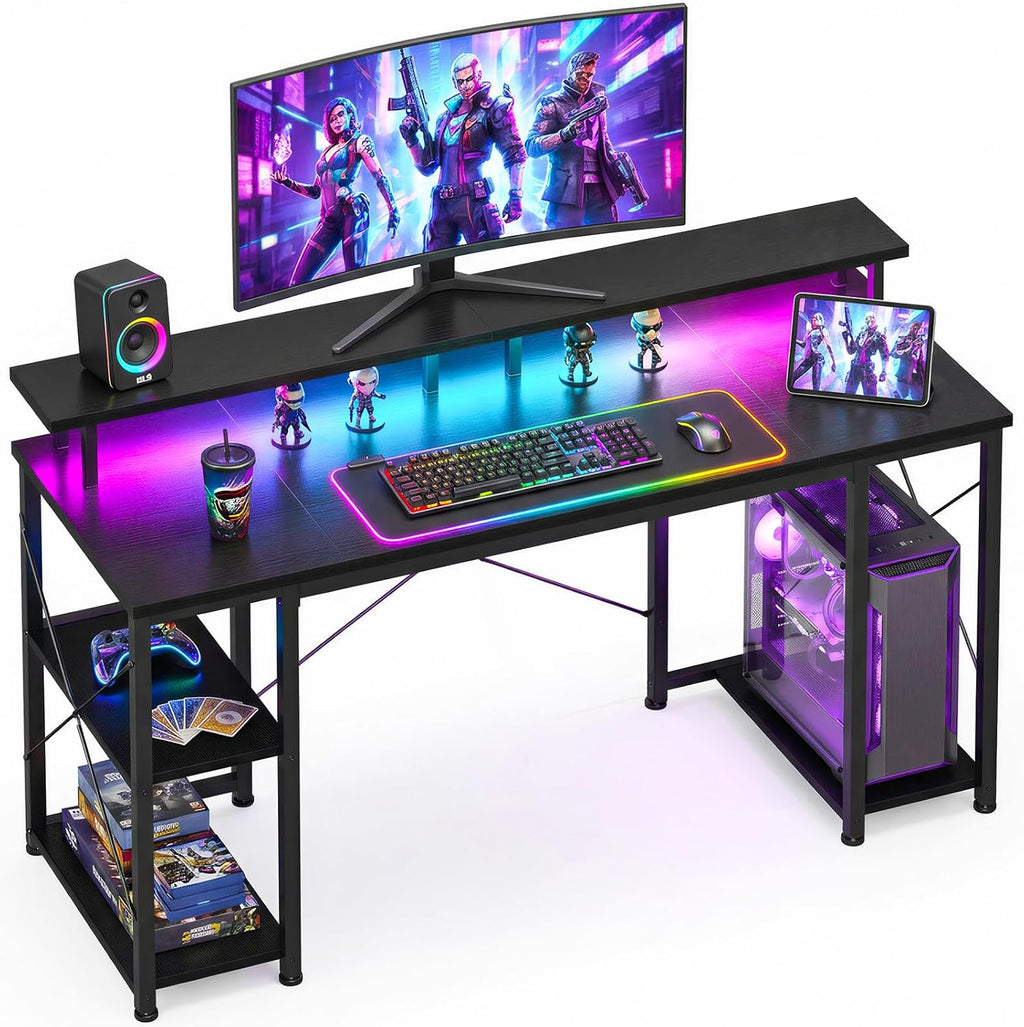 ODK 48 Inch Gaming Desk with LED Lights & Storage Shelves, Black