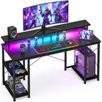 ODK 48 Inch Gaming Desk with LED Lights & Storage Shelves, Black