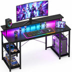 ODK 48 Inch Gaming Desk with LED Lights & Storage Shelves, Black