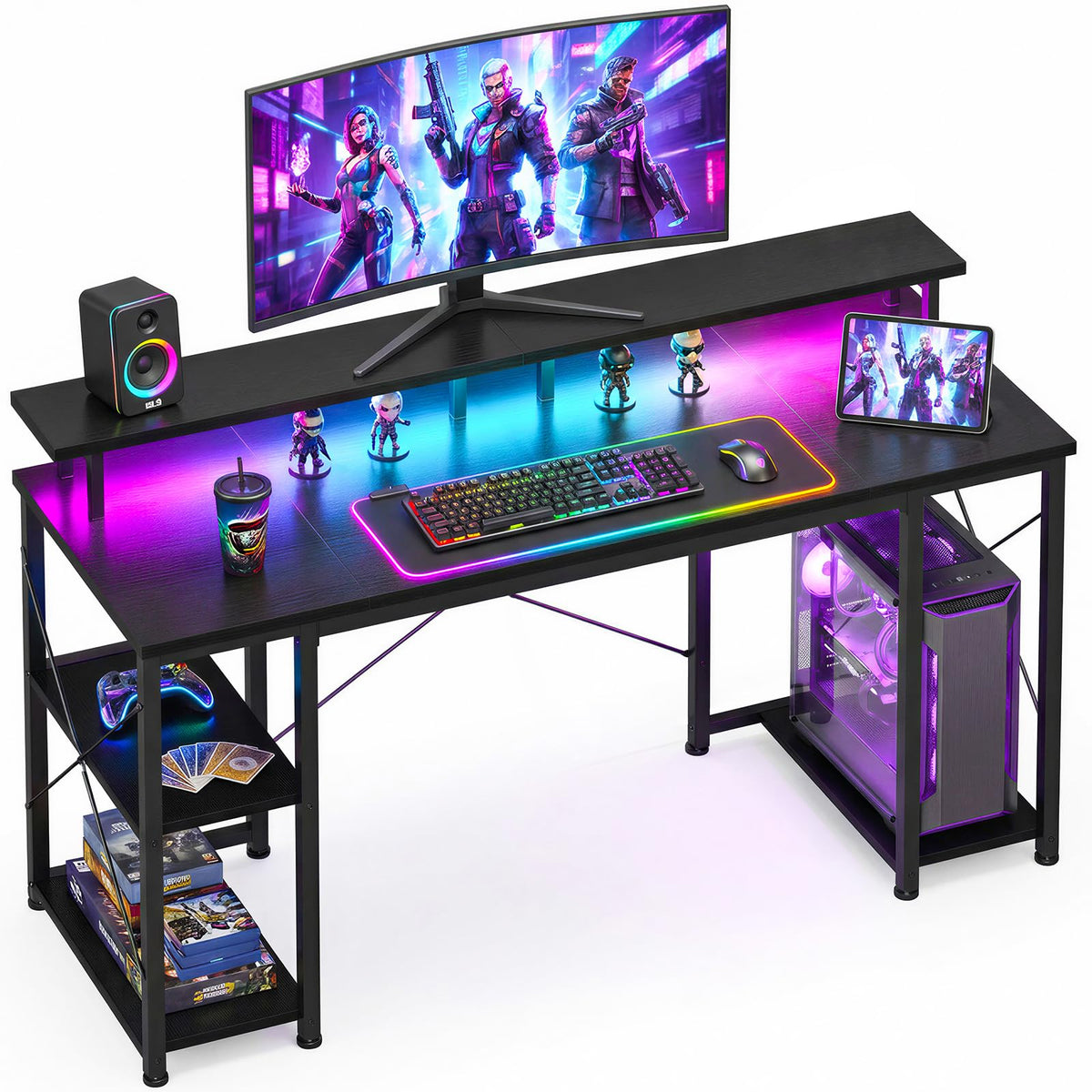 ODK 48 Inch Gaming Desk with LED Lights & Storage Shelves, Black